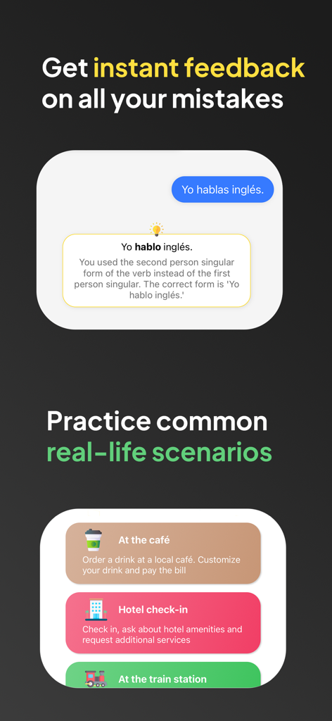 LangAI app interface showing instant grammar correction and real life practice scenarios for language learning