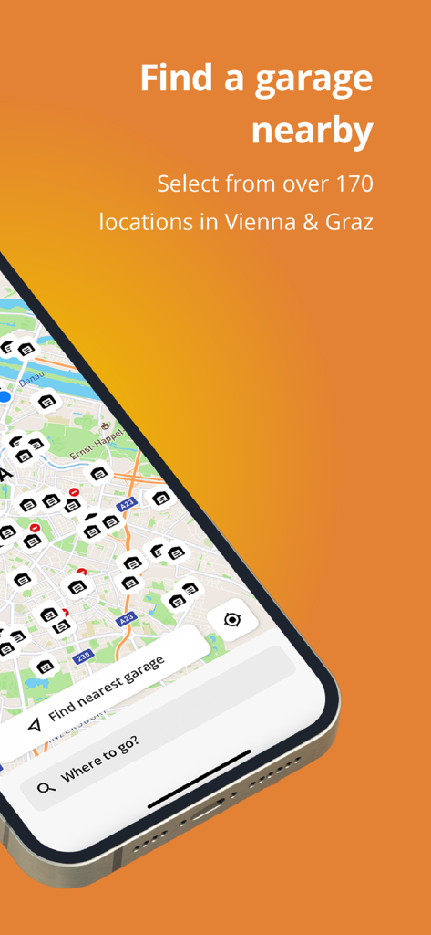 PAYUCA Smart Parking - PAYUCA app map view showing multiple available parking garage locations.
