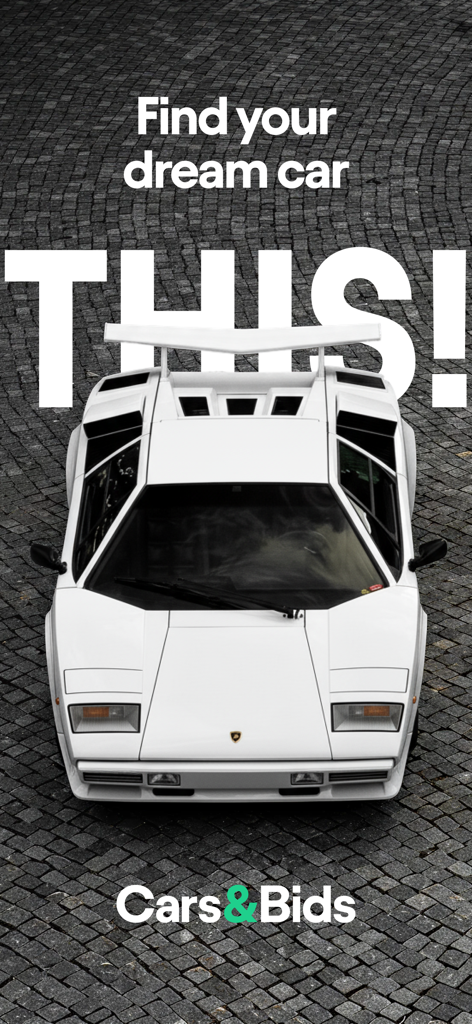 Cars & Bids Auctions - A white Lamborghini Countach on the splash screen of the Cars and Bids app with the text Find your dream car
