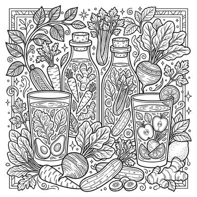 Dive into a detailed world of health and flavor with this intricate adult coloring page featuring an abundance of fresh vegetable juices and their wholesome ingredients. Perfect for moments of mindful relaxation, this design invites you to bring a vibrant rainbow of colors to nature's bounty.
