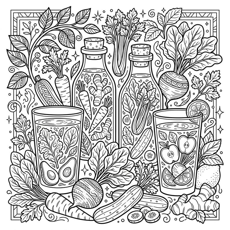 Dive into a detailed world of health and flavor with this intricate adult coloring page featuring an abundance of fresh vegetable juices and their wholesome ingredients. Perfect for moments of mindful relaxation, this design invites you to bring a vibrant rainbow of colors to nature's bounty.