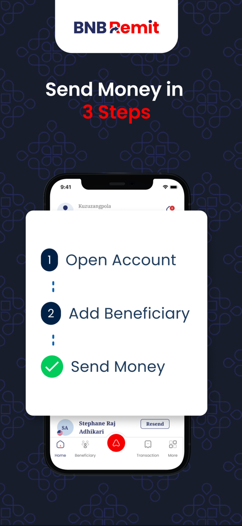 BNB Remit - A promotional screen for the BNB Remit app outlining three simple steps to send money: open an account, add a beneficiary, and send funds.