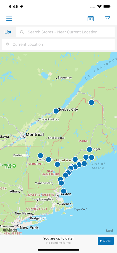현장 영업 담당자의 소매점 위치를 보여주는 Wiser 앱의 지도 보기