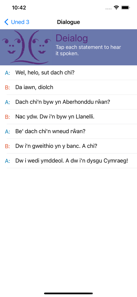 Cwrs Mynediad - Welsh language dialogue lesson in the Cwrs Mynediad app