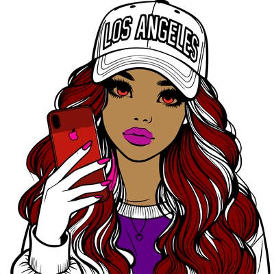 realistic beautiful girl wearing los ángeles cap holding an iphone