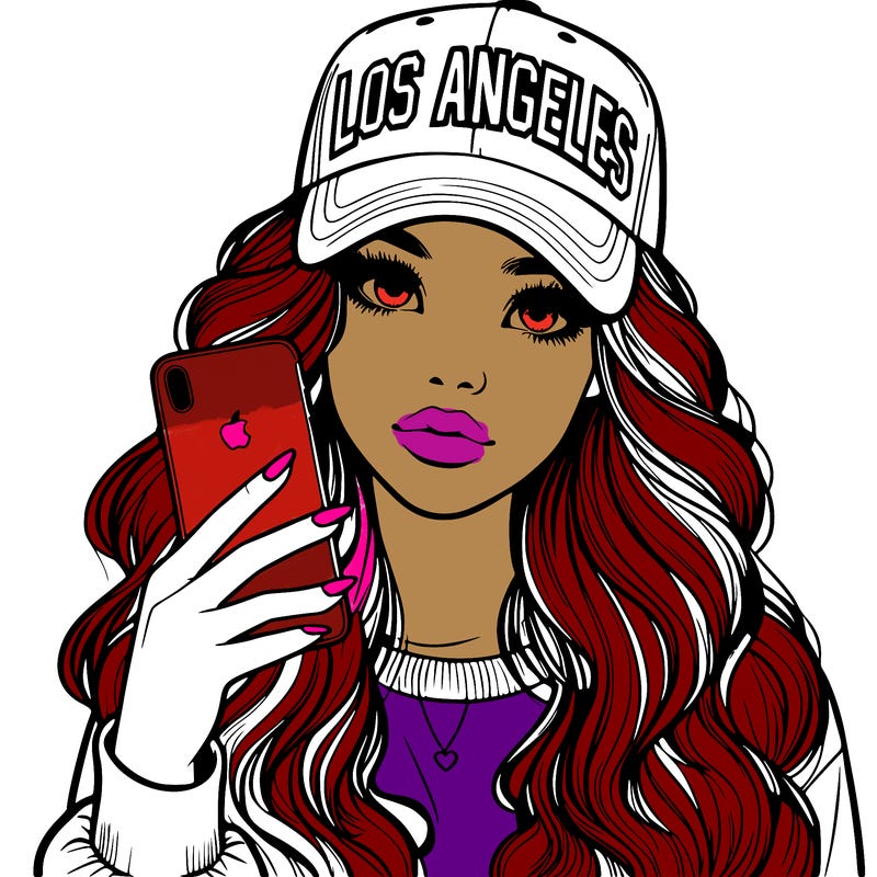 realistic beautiful girl wearing los ángeles cap holding an iphone