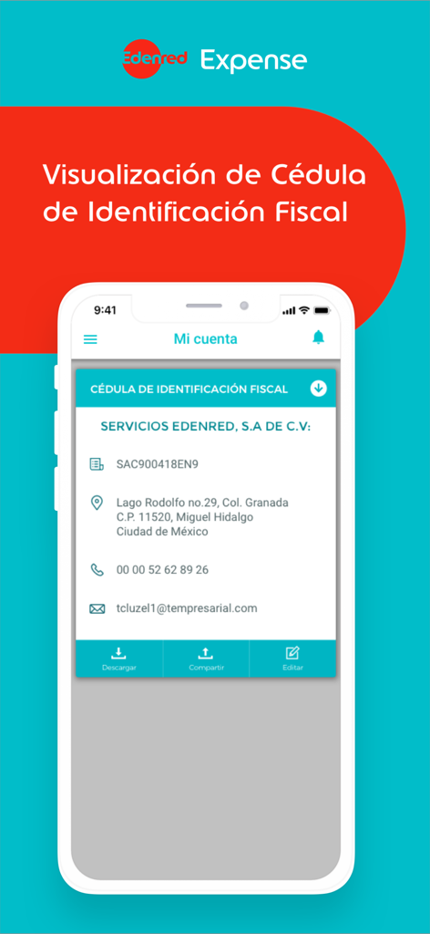 Expense - Aplicación móvil Edenred Expense que muestra los detalles de la Tarjeta de Identificación Fiscal, incluida la dirección comercial y la información de contacto
