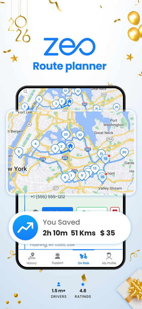 Zeo Route Planner - Zeo Route Planner app interface showing an optimized map route and time and money savings statistics