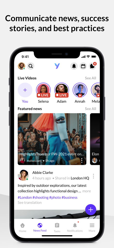 YOOBIC ONE - YOOBIC ONE app interface showing corporate news feed and live video updates for frontline teams