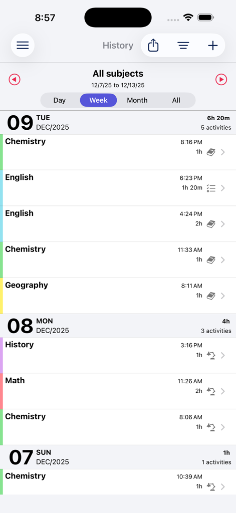 Aprovado app history screen showing a weekly list of logged study sessions by subject and time.