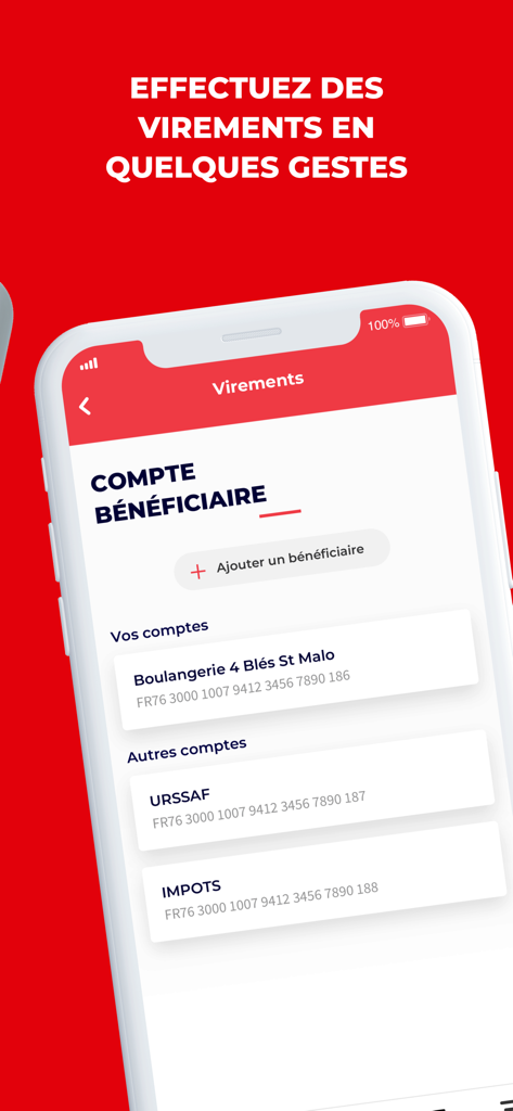 Interface de l'application mobile Sogecash Net SG pour la gestion des virements bancaires et des bénéficiaires