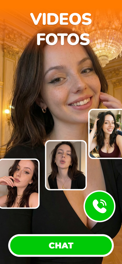 AI Girlfriend Chat : Jelly - Interface of Jelly AI app displaying videos and photos of a realistic virtual girlfriend with a chat button.