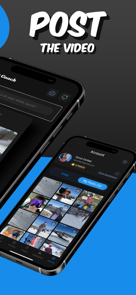 PocketCoach Snowboard - PocketCoach Snowboard app interface showing a user profile and a grid of uploaded videos