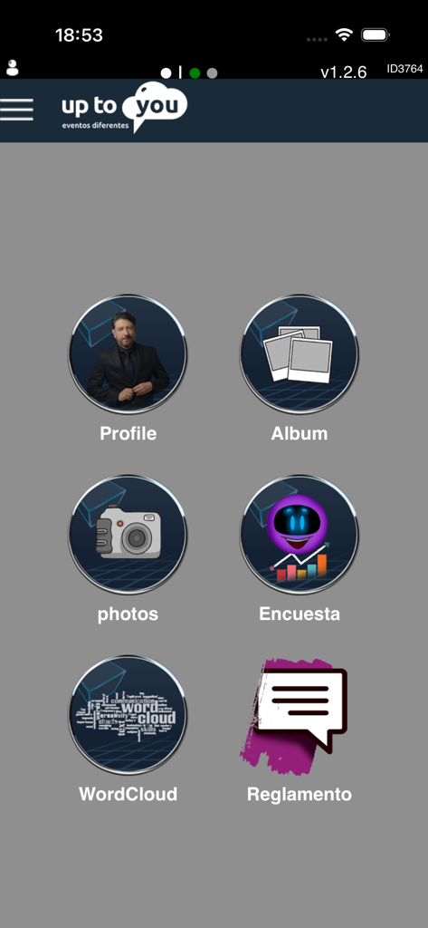 Up2you - Main menu screen of the Up2You app featuring interactive icons for profile, photo album, surveys, and word clouds.