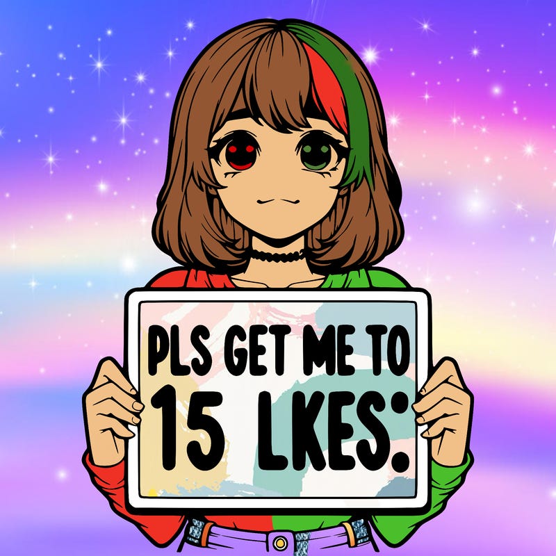realistic girl holding up a sign that says “pls get me to 15 likes!”