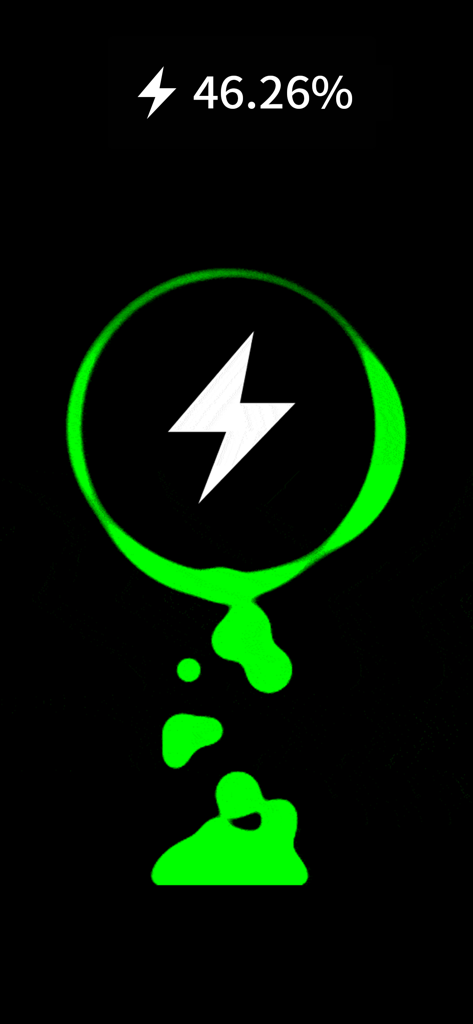 Una animación de carga de goteo líquido verde neón que muestra el porcentaje de batería en una pantalla oscura