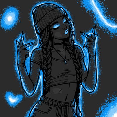 realistic teenage girl with braids and a beanie and crop top doing 🫶🏼