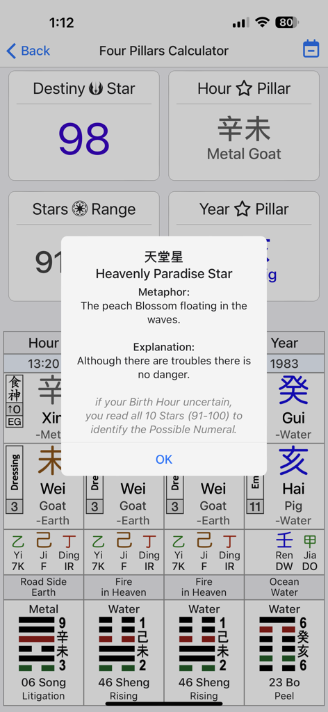 A screenshot of the Destiny Stars Astrology app showing the Four Pillars Calculator interface with a Heavenly Paradise Star popup explanation