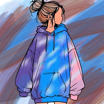 realistic girl with a oversized sweatshirt on and a bun