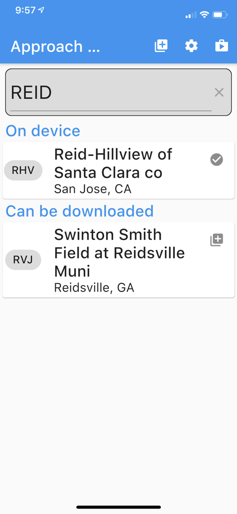 Approach Charts - 접근 차트 앱에서 항공 차트 검색 화면, 공항 검색 결과 표시