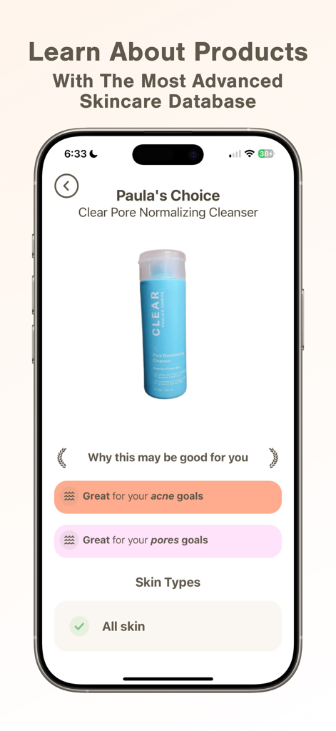Skan - AI Skincare and Beauty - Skan app interface showing personalized skin product recommendations for acne and pore treatment