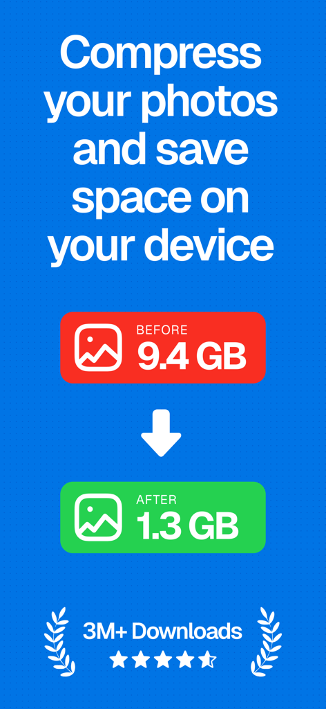 写真のストレージが9.4GBから1.3GBに削減されたことを示すグラフィック、ダウンロード数300万、評価5つ星