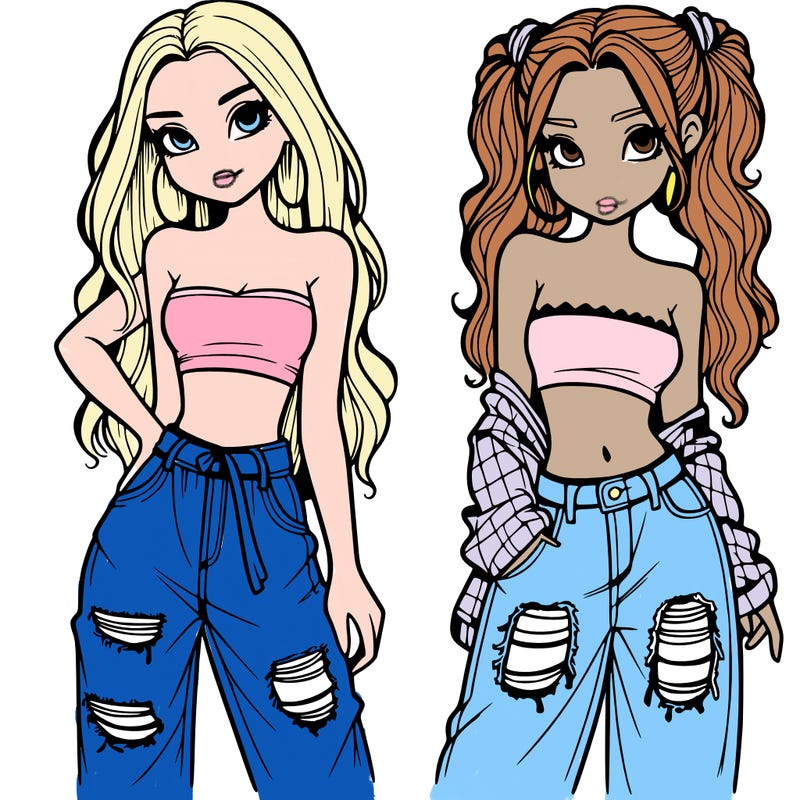 2 girls in crop tops and baggy jeans ripped