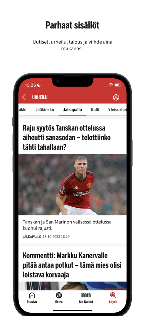 Captura de pantalla de la aplicación de noticias Ilta-Sanomat mostrando la sección de deportes de fútbol en finlandés