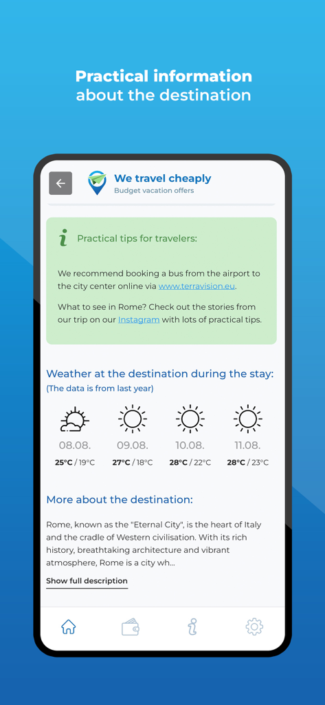 We travel cheaply - Screenshot dell'app Viaggiamo a basso costo che mostra dettagli sulla destinazione Roma, inclusi consigli pratici per i viaggiatori e previsioni meteo di quattro giorni.