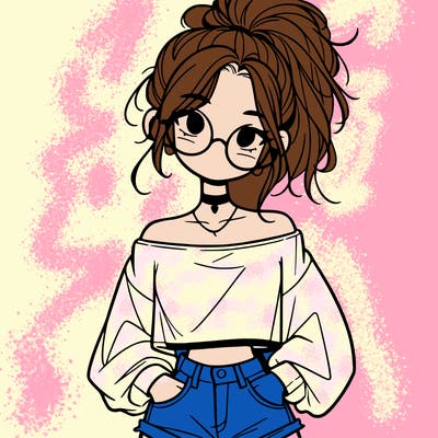 girl with a messy ponytail glasses a baggy crop top and jean shorts