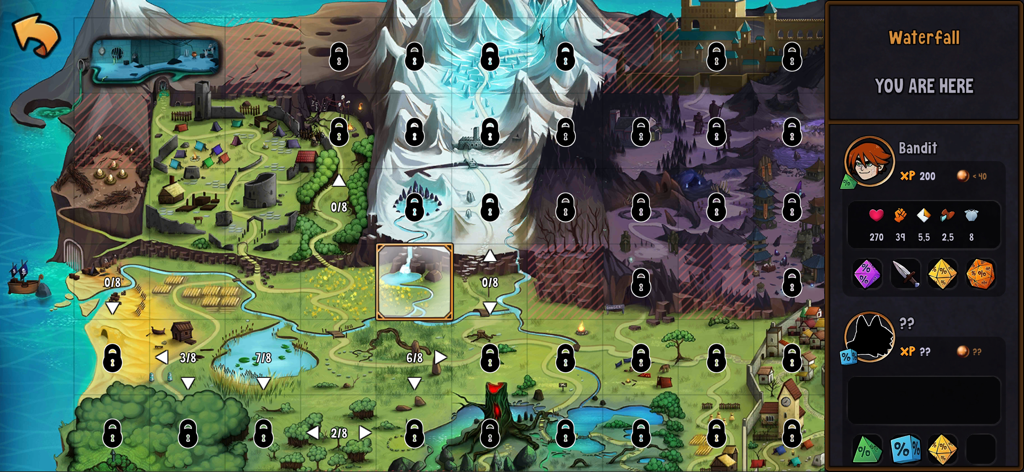 Mapa del mundo de la isla de fantasía medieval en Hero Tale Idle RPG mostrando varias regiones y estadísticas de enemigos