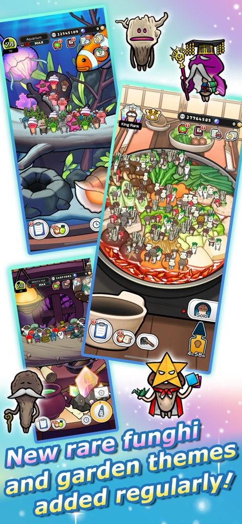 Everyone's Mushroom Garden - Capturas de pantalla de El Jardín de Hongos de Todos que muestran varios temas y hongos raros.