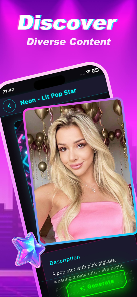Kiku - Discover, Share - Interface of Kiku app showing an AI generated portrait of a neon pop star with a creative prompt