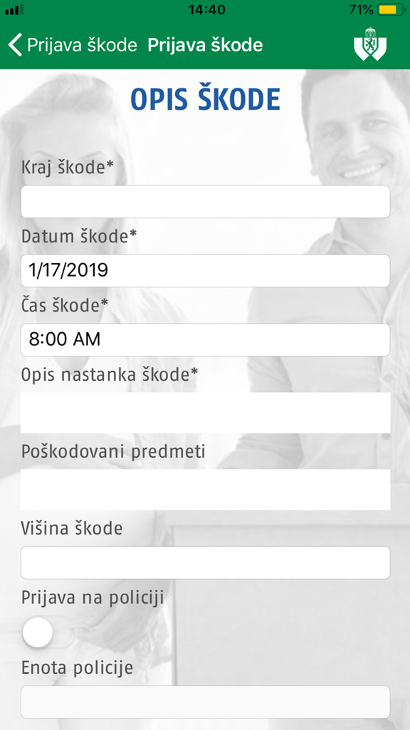 Form for reporting property damage in the GRAWE mobile insurance app