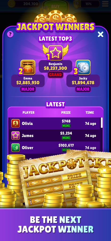 Leaderboard showing recent jackpot winners and their prize amounts in Jackpot Scratchers