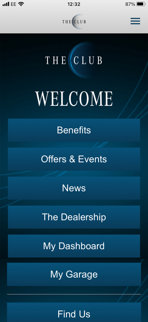 Sytner Mercedes-Benz Club - Menú principal de la aplicación móvil Sytner Mercedes-Benz Club que muestra texto de bienvenida y botones de navegación