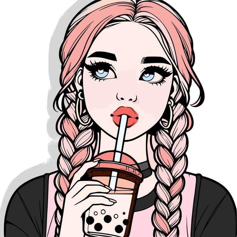 realistic girl with braided hair drinking boba