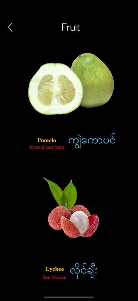 Burmese language learning app screen showing Pomelo and Lychee vocabulary with script and pronunciation