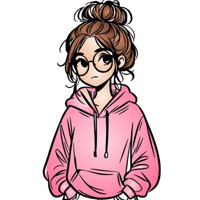 teen girl with a messy bun and glasses wearing a loose hoodie and jeans