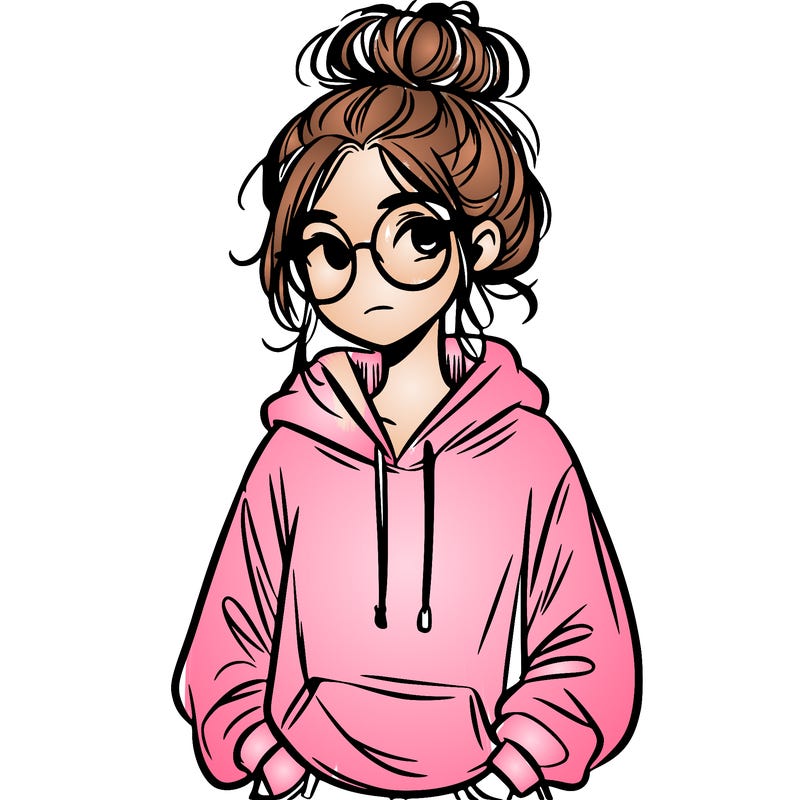 teen girl with a messy bun and glasses wearing a loose hoodie and jeans
