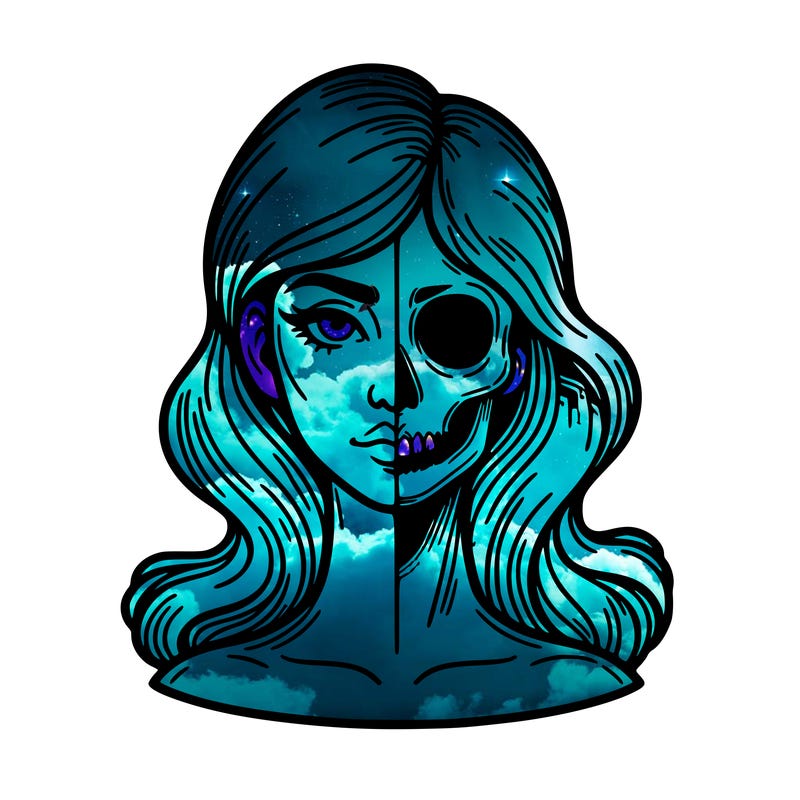 bust of a woman, half face and hair, half skull