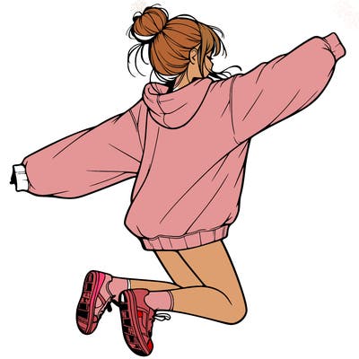 realistic girl jumping with a bun and oversized sweatshirt