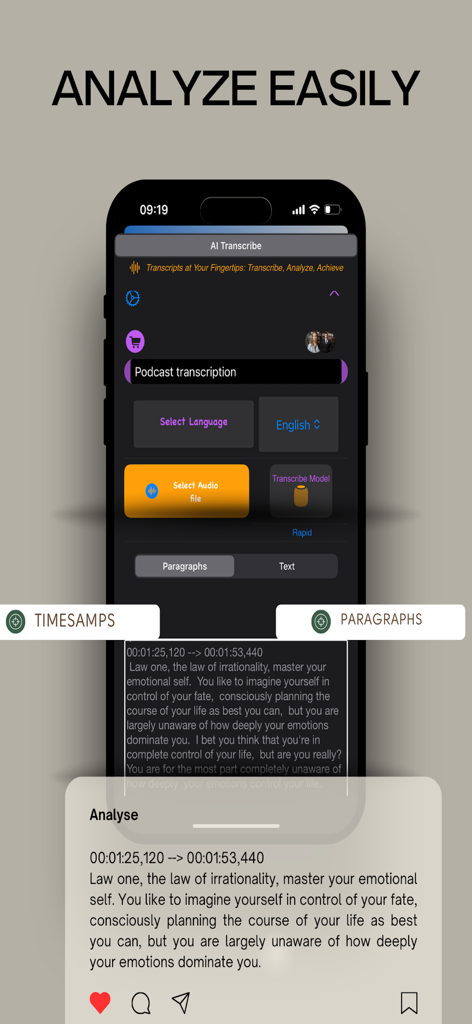 AI Transcribe app interface showing podcast transcription with timestamps and paragraph analysis