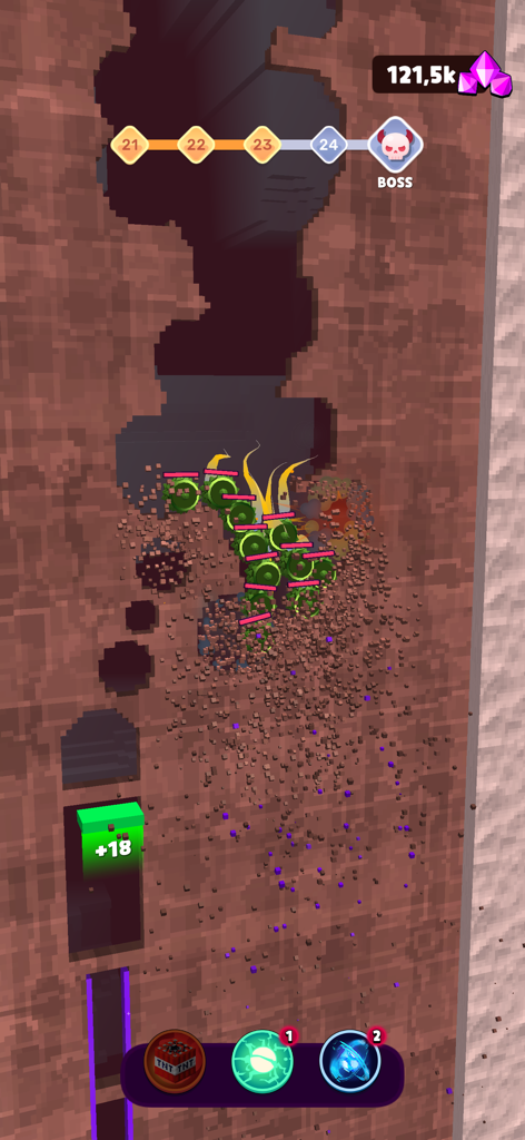Auto Diggers - Auto Diggers gameplay showing a green army mining through a pixelated cavern towards a boss level.