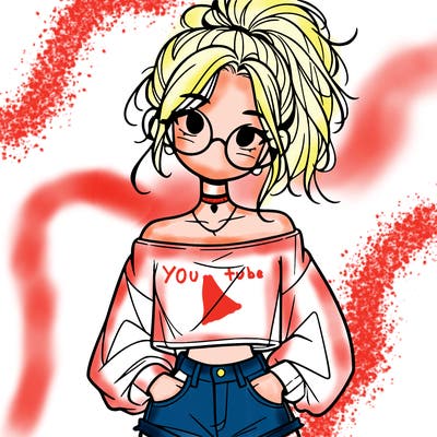 girl with a messy ponytail glasses a baggy crop top and jean shorts