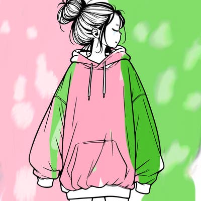realistic girl with a oversized sweatshirt on and a bun