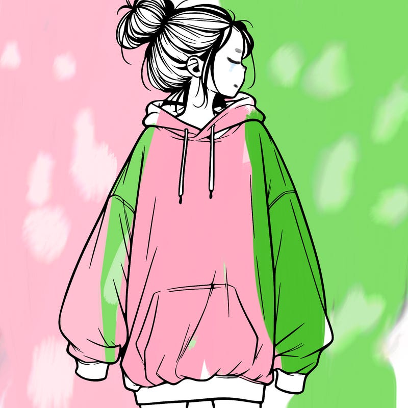 realistic girl with a oversized sweatshirt on and a bun
