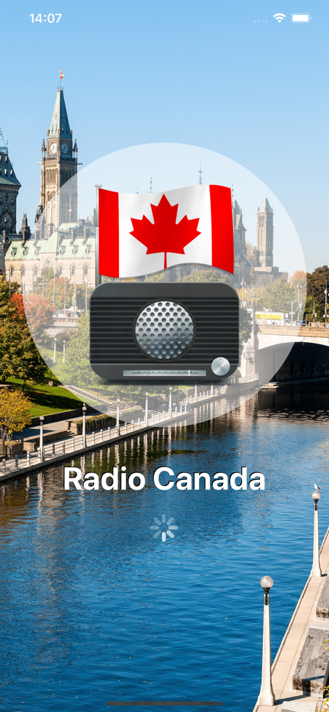Radio Canada: Live AM FM Tuner - Pantalla de inicio de la aplicación Radio Canadá con la bandera canadiense y un icono de radio vintage