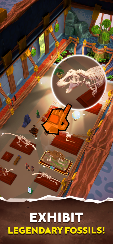 A 3D museum view showcasing legendary dinosaur fossil skeletons with a highlighted T-Rex