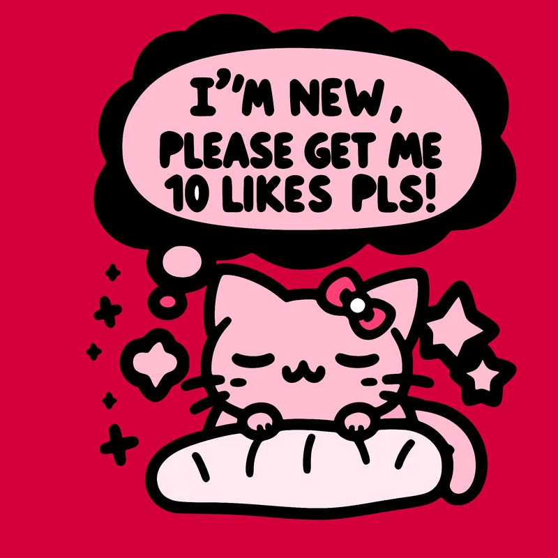 kitty taking a nap dream talking and saying "i'm new, please get me at least 10 likes pls!!"